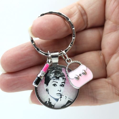 Audrey Hepburn BREAKFAST AT TIFFANY'S Holly Golightly Pink Handbag Pink Lipstick Keyring